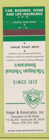 Matchbook Cover - Michigan Mutual Insurance Hager Associates Huntersville NC