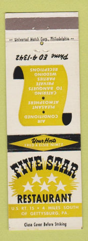 Matchbook Cover - Five Star Restaurant Gettysburg PA