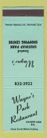 Matchbook Cover - Wayne's Park Rest;aurant Salmon Arm BC