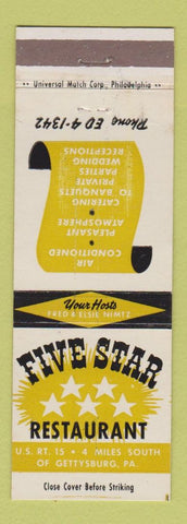 Matchbook Cover - Five Star Restaurant Gettysburg PA