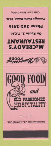 Matchbook Cover - McCready's Restaurant Youngs Cove Road NB pink