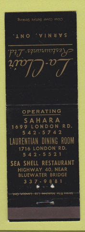 Matchbook Cover - La Clair Restaurants Sarnia ON