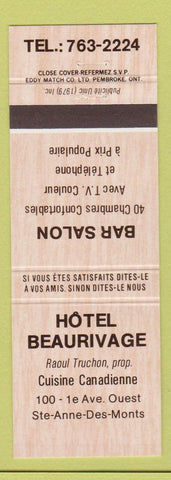 Matchbook Cover - Hotel Beaurivage Ste Anne Des Monts QC