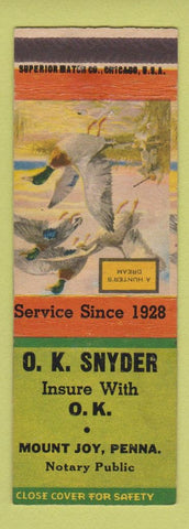 Matchbook Cover - OK Snyder Insurance Mount Joy PA Hunter's Dream