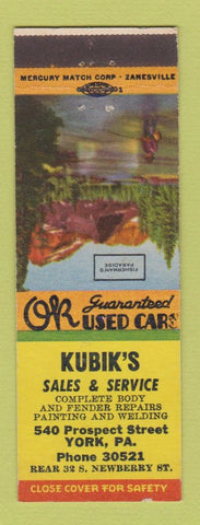 Matchbook Cover - Kubik's Used Cars York PA Fishermen's Paradise
