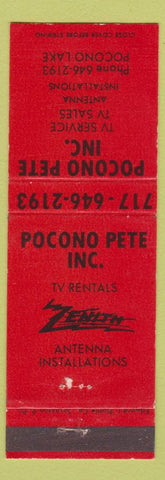 Matchbook Cover - Pocono Pete TV Service Sales Pocono Lake PA Zenith