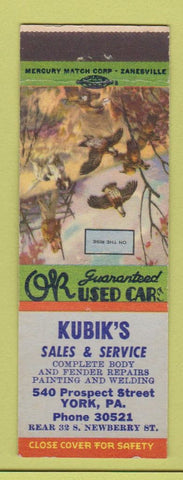 Matchbook Cover - Kubik's Used Cars York PA On the Rise