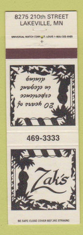 Matchbook Cover - Zak's Restaurant Lakeville MN