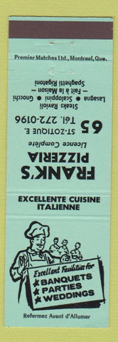 Matchbook Cover - Frank's Pizza Montreal QC Gnocchi Lasagna green