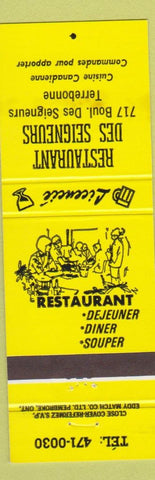 Matchbook Cover - Restaurant Des Seigneurs Terrebonne QC yellow