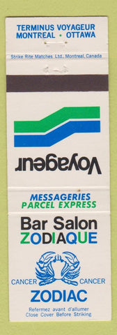 Matchbook Cover - Voyageur Zoadiaque Bar Montreal QC Ottawa ON charter bus
