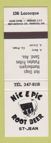 Matchbook Cover - Nic and Pie Root Bear St Jean QC Hot Dogs Hamburgers