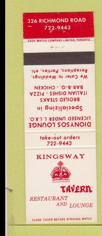 Matchbook Cover - Kingsway Tavern Restaurant BBQ Pizza  Ottawa ON