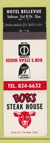 Matchbook Cover - Bob's Steak House Hotel Bellevue Val D'Or QC