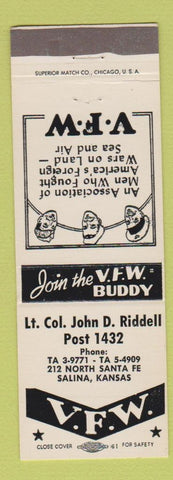 Matchbook Cover - VFW Club John D Riddell Post 1432 Salina KS