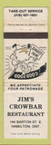 Matchbook Cover - Jim's Crowbar Restaurant Hamilton ON white POOR
