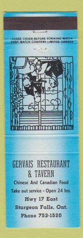 Matchbook Cover - Gervais Restaurant Tavern Sturgeon Falls ON