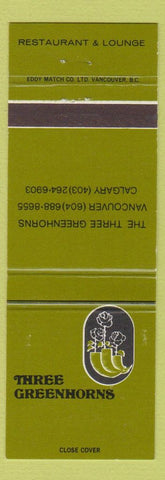 Matchbook Cover - Three Greenhorns Restaurant Vancouver BC Calgary AB