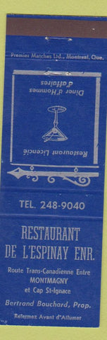Matchbook Cover - Restaurant De L'Espinay Montmagny QC