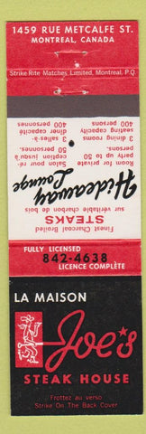 Matchbook Cover - La Maison Joe's Steak House Montreal QC