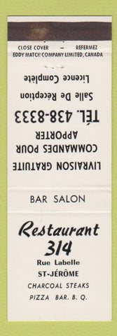 Matchbook Cover - Restaurant 314 BBQ St Jerome QC