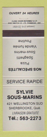 Matchbook Cover - Sylvie Sous Marins Sherbrooke QC Pizza
