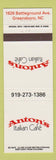 Matchbook Cover - Anton's Italian Cafe Greensboro NC