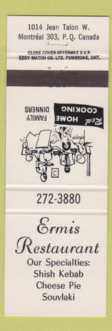 Matchbook Cover - Ermis Restaurant Cheese Pie Soulaki Montreal QC