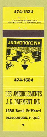 Matchbook Cover - Les Ameublements JG Paiement Mascouche QC yellow