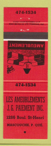 Matchbook Cover - Les Ameublements JG Paiement Mascouche QC red
