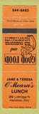 Matchbook Cover - Jane and Teresa O'Mear's Lunch Hamilton ON orange