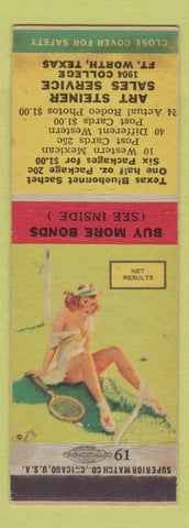 Matchbook Cover - Art Steiner Sales Fort Worth TX pinup Tennis STAINED