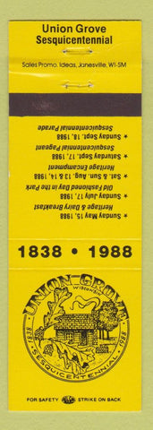 Matchbook Cover - Union Grove WI Sesquicentennial 1988 yellow