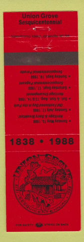 Matchbook Cover - Union Grove WI Sesquicentennial 1988 red