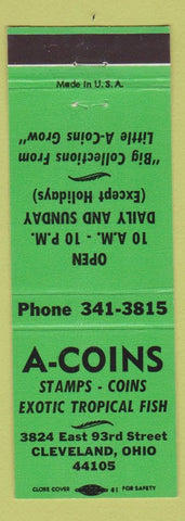 Matchbook Cover - A Coins Stamps Tropical Fish Cleveland OH green