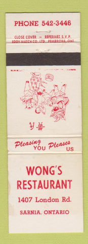 Matchbook Cover - Wong's Restaurant Sarnia ON WORN Chinese