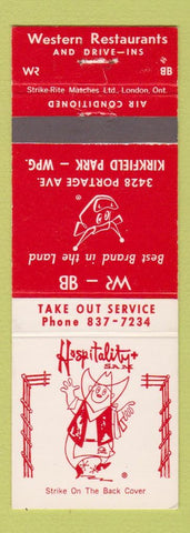 Matchbook Cover - Western Restaurants Kirkfield Park Winnipeg MB