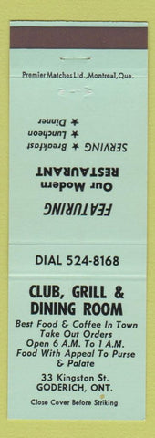 Matchbook Cover - Club Grill Dining Room Goderich ON