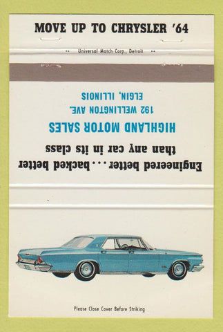 Matchbook Cover - 1964 Chrysler Elgin IL Highland Motors 40 Strike