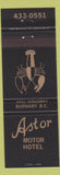 Matchbook Cover - Astor Motor Hotel Burnaby BC lobster