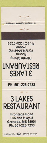 Matchbook Cover - 3 Lakes Restaurant Grenada MS
