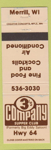 Matchbook Cover - 3's Company Supper Club Merrill wI