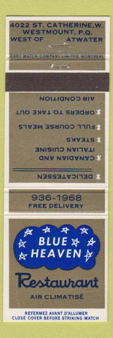Matchbook Cover - Blue Heaven Restaurant Westmount QC