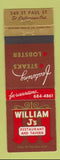 Matchbook Cover - William J's Restaurant St Catharines ON