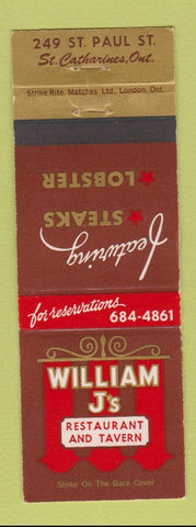 Matchbook Cover - William J's Restaurant St Catharines ON