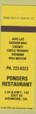 Matchbook Cover - Ponders Restaurant Ardmore OK Mexican Food