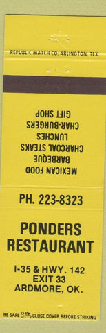 Matchbook Cover - Ponders Restaurant Ardmore OK Mexican Food