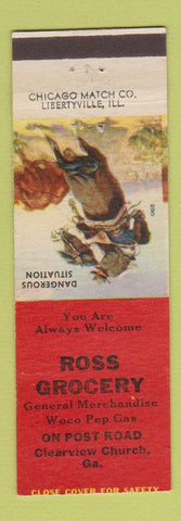 Matchbook Cover - Ross Grocery Woco Pep oil gas Clearview Church GA cowboy