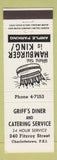Matchbook Cover - Griff's Diner Catering Charlottetown PE Hamburgers