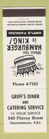 Matchbook Cover - Griff's Diner Catering Charlottetown PE Hamburgers